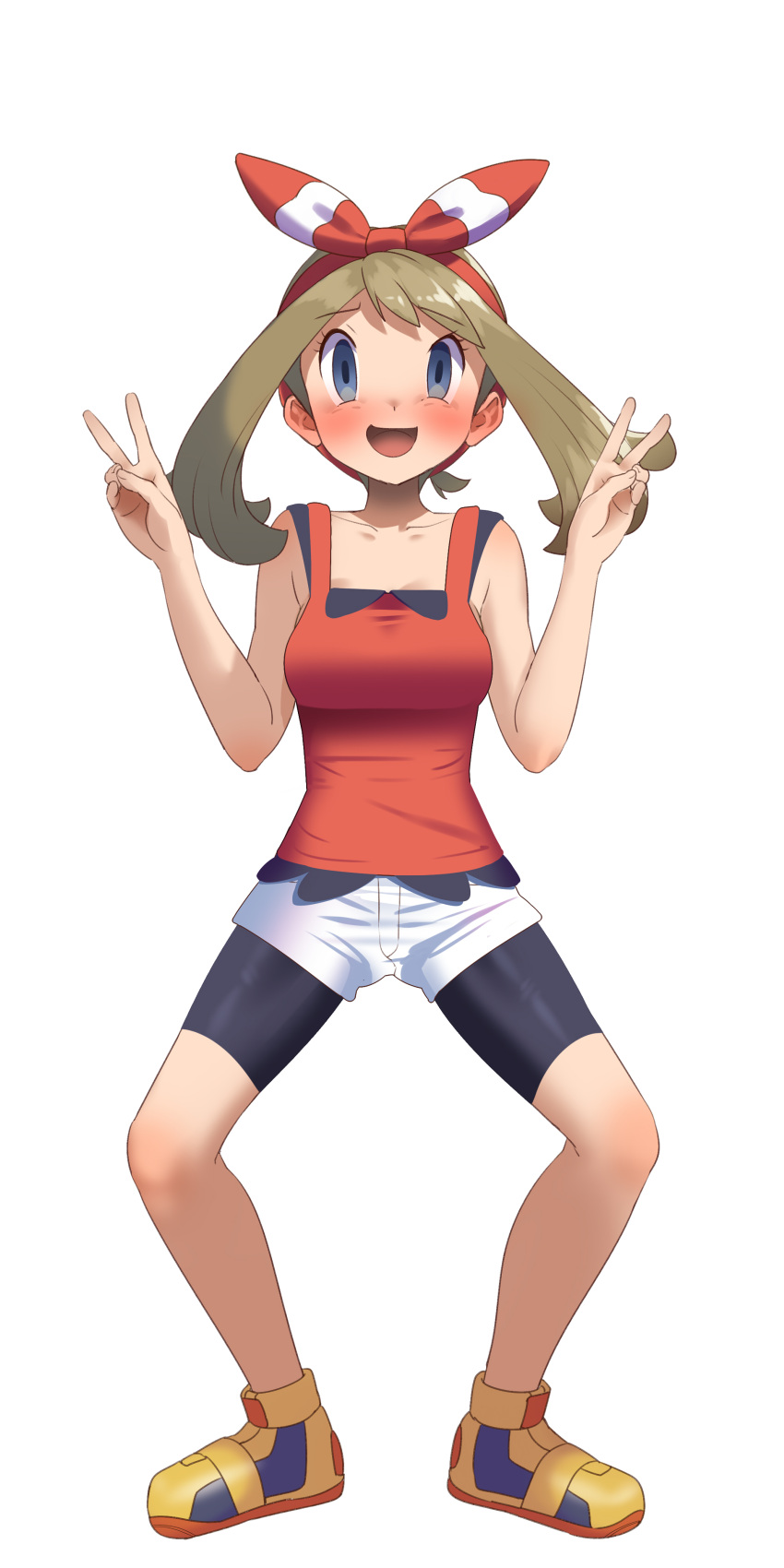 1girl :d absurdres bangs bare_arms bike_shorts bike_shorts_under_shorts blush bow_hairband breasts brown_hair collarbone commentary_request commission double_v eyelashes full_body grey_eyes hairband hands_up highres knees looking_at_viewer may_(pokemon) open_mouth pixiv_commission pokemon pokemon_(game) pokemon_oras red_hairband red_shirt shirt shoes shorts simple_background sleeveless sleeveless_shirt smile solo spread_legs squatting uhyoko v white_background white_shorts yellow_footwear