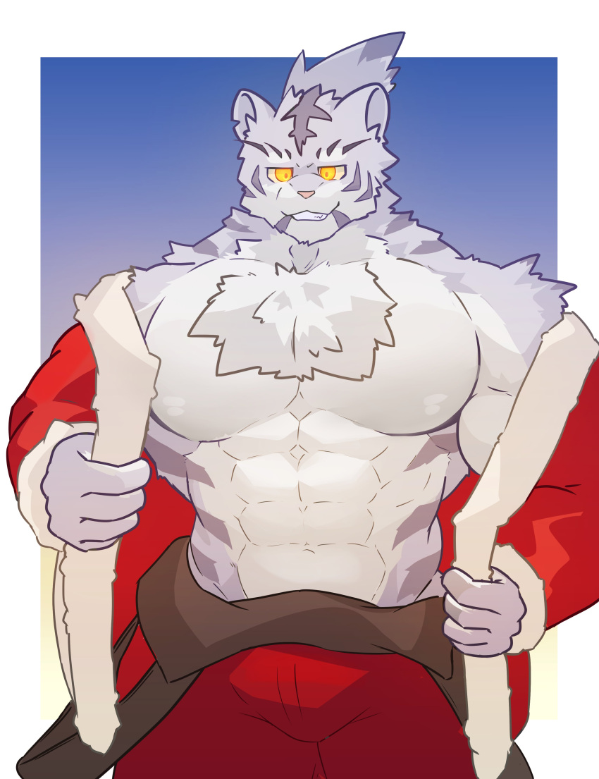 2022 abs absurd_res anthro biped bottomwear clothed clothing digital_drawing_(artwork) digital_media_(artwork) fur grey_body grey_fur hi_res jacket jaguk9481 male muscular muscular_anthro muscular_male nimbus_(world_flipper) open_clothing open_jacket open_topwear pants pecs red_bottomwear red_clothing red_jacket red_pants red_topwear simple_background solo standing striped_body striped_fur stripes topwear undressing white_body white_fur world_flipper yellow_eyes