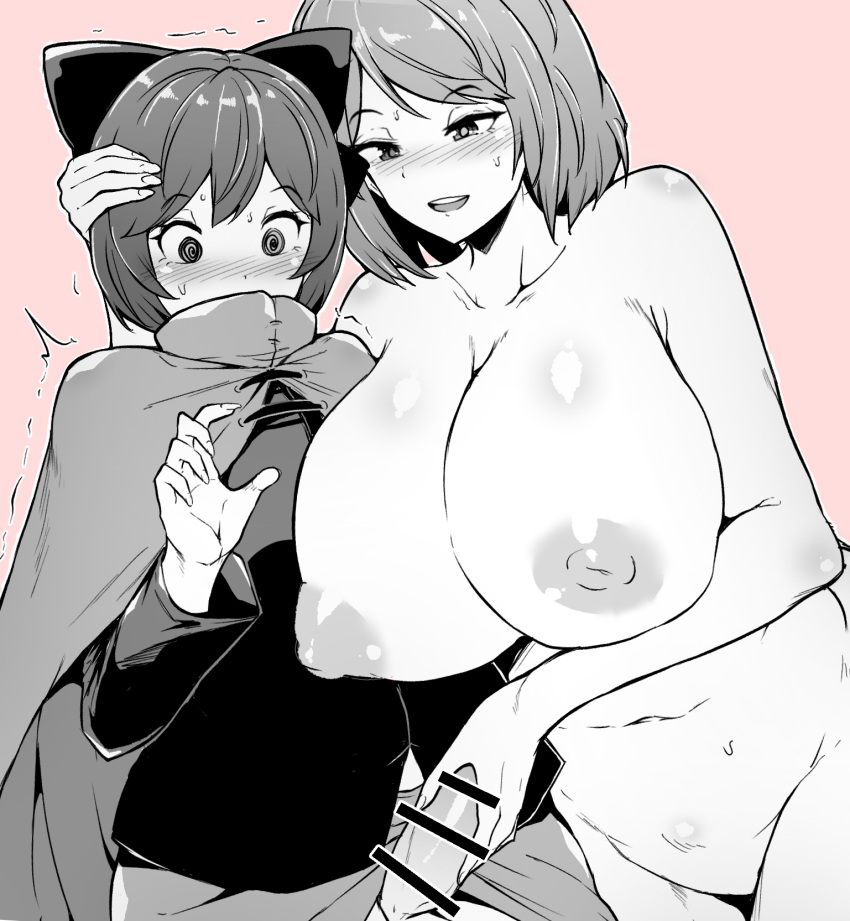 2girls @_@ bar_censor blush bow breasts cape censored cleavage clothed_female_nude_female commission erection futa_with_female futanari greyscale hair_bow handjob highres huge_breasts large_penis long_sleeves makin_tama medium_hair monochrome multiple_girls navel nipples nude penis plump puffy_areolae sekibanki simple_background skeb_commission smile sweatdrop tatara_kogasa touhou