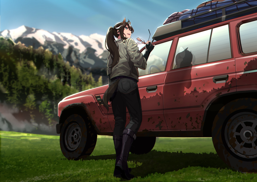 1girl absurdres alternate_costume arknights black_footwear black_gloves black_hair boots commentary forest full_body gloves grass green_eyes grey_jacket ground_vehicle highres holding holding_eyewear jacket long_sleeves meteor_(arknights) mountain nature outdoors ponytail shadow shijie_jianfa solo standing