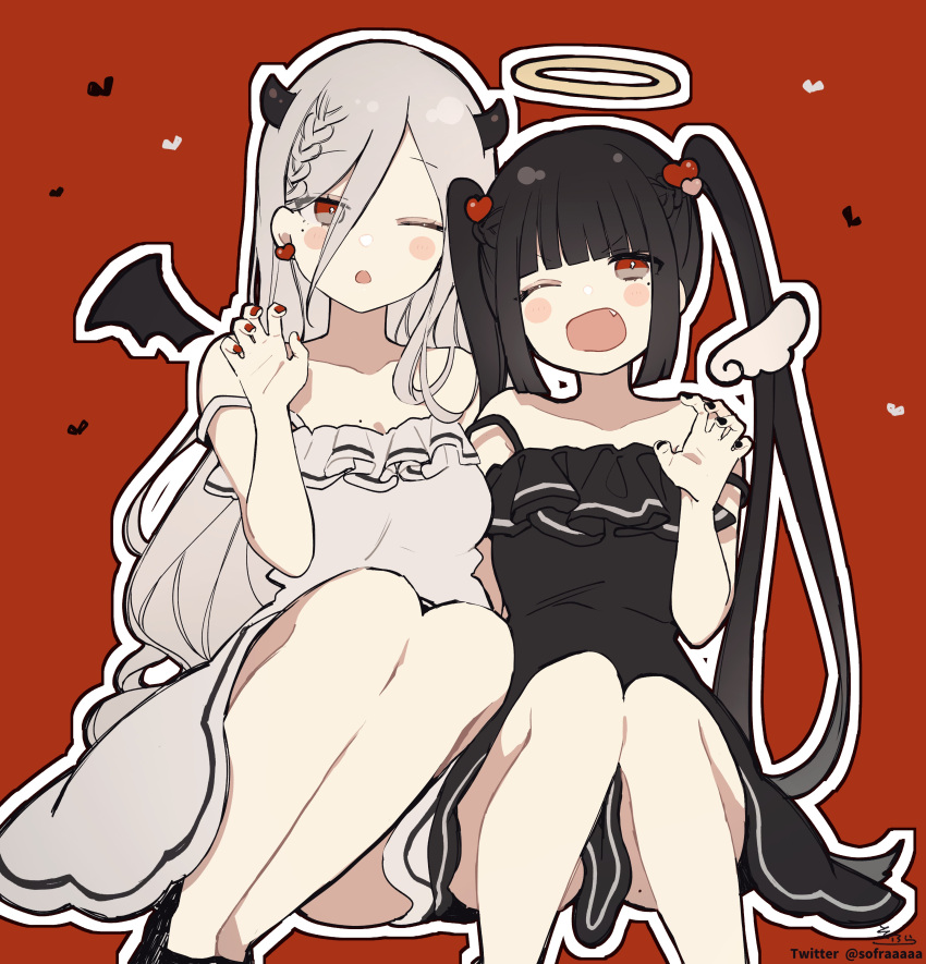 2girls absurdres angel angel_wings bare_shoulders black_dress black_hair black_wings braid collarbone commentary demon_girl demon_horns demon_wings detached_wings dress eyes_visible_through_hair fang feet_out_of_frame frilled_dress frills grey_dress grey_hair hair_over_one_eye halo highres horns knees_up long_hair mini_wings multiple_girls one_eye_closed open_mouth original outline parted_lips red_background red_eyes sitting sleeveless sleeveless_dress sofra strap_slip symbol-only_commentary twintails twitter_username very_long_hair white_outline white_wings wings