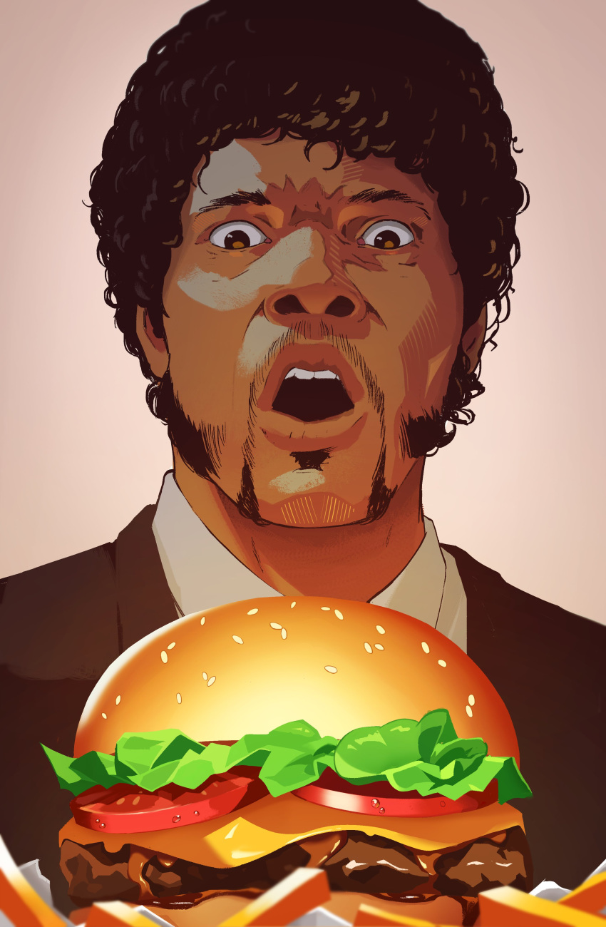1boy :o absurdres afro black_hair black_jacket brown_eyes burger collared_shirt commentary curly_hair dark-skinned_male dark_skin facial_hair food french_fries highres jacket jules_winnfield lem looking_at_food male_focus mustache open_mouth pulp_fiction samuel_l._jackson shirt sideburns simple_background solo surprised symbol-only_commentary teeth upper_body upper_teeth_only white_shirt
