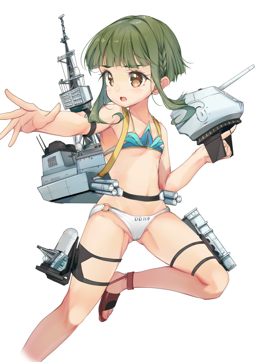 1girl adapted_turret bikini bob_cut braid brown_eyes cannon clothes_writing commentary_request feet_out_of_frame flat_chest green_hair highres js_takanami_(kancolle) kantai_collection machinery mismatched_bikini short_hair short_hair_with_long_locks sidelocks simple_background solo swimsuit takanami_(kancolle) turret white_background yashin_(yasinz)