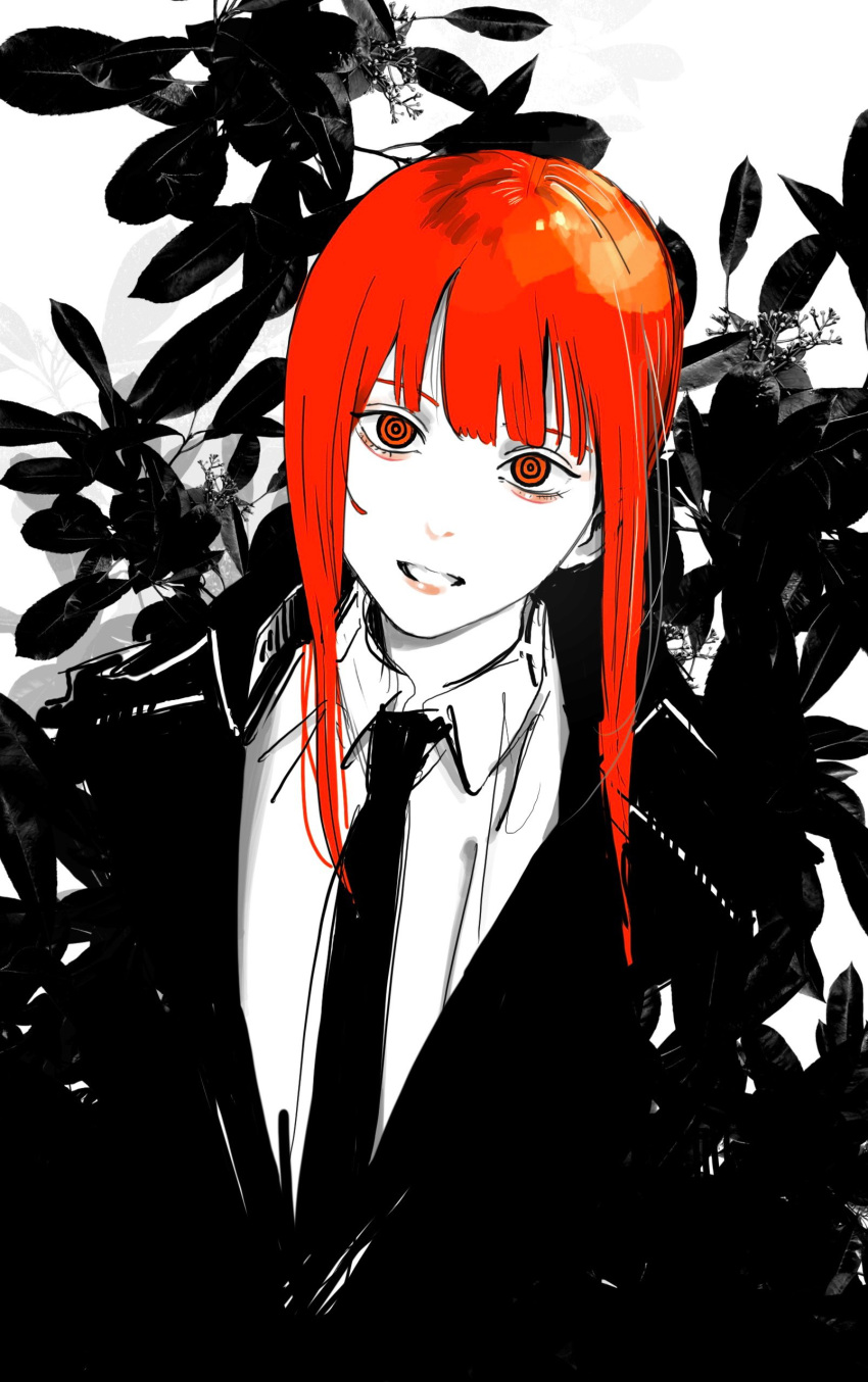 absurdres bangs black_jacket black_necktie braid braided_ponytail chainsaw_man collared_shirt formal head_tilt highres jacket looking_at_viewer makima_(chainsaw_man) medium_hair monochrome necktie parted_lips red_eyes red_hair ringed_eyes saitama_(antitankromeo) shirt sidelocks smile solo spot_color suit suit_jacket white_shirt