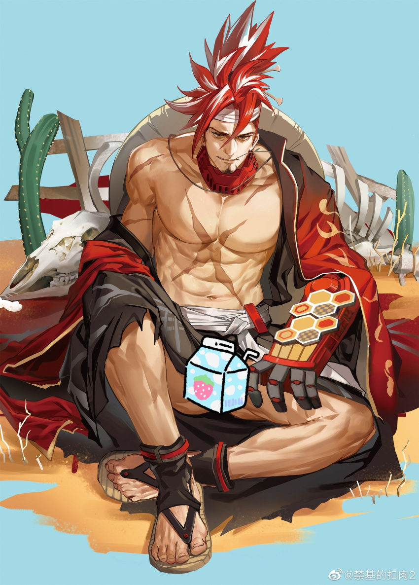 1boy abs absurdres alchemy_stars animal_skull anjingkuxiao bara bare_pectorals bone cactus censored day desert facial_hair fundoshi goatee hair_ornament hair_stick haori headband highres japanese_clothes kimono knees_apart_feet_together layered_clothes layered_kimono long_hair looking_at_viewer male_focus male_pubic_hair male_underwear mask mask_around_neck mechanical_arms mouth_mask multicolored_hair muscular muscular_male on_ground outdoors pectorals pubic_hair pubic_hair_peek red_hair sandals scar scar_on_chest scar_on_face signature single_mechanical_arm sinsa_(alchemy_stars) sinsa_(wasteland_ronin)_(alchemy_stars) sitting solo spiked_hair testicle_peek underwear white_hair yellow_eyes