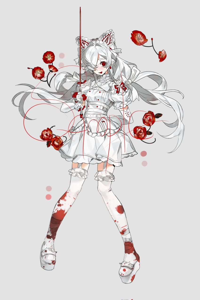1girl arms_behind_back blood blood_on_leg dress flower full_body gloves happybiirthd highres holding holding_sword holding_weapon long_hair looking_at_viewer open_mouth original ponytail rapier red_eyes red_flower red_rose rose smile sword thighhighs wavy_hair weapon white_dress white_gloves white_hair white_thighhighs