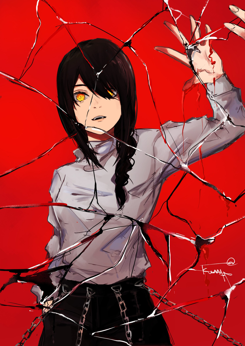 1girl absurdres arm_up bangs black_hair braid braided_ponytail chain chain_leash chainsaw_man cracked_glass grey_sweater hair_over_one_eye hair_over_shoulder highres kumah_dessu leash leash_belt looking_at_viewer medium_hair nayuta_(chainsaw_man) open_mouth red_background ringed_eyes signature simple_background solo sweater sweater_tucked_in yellow_eyes