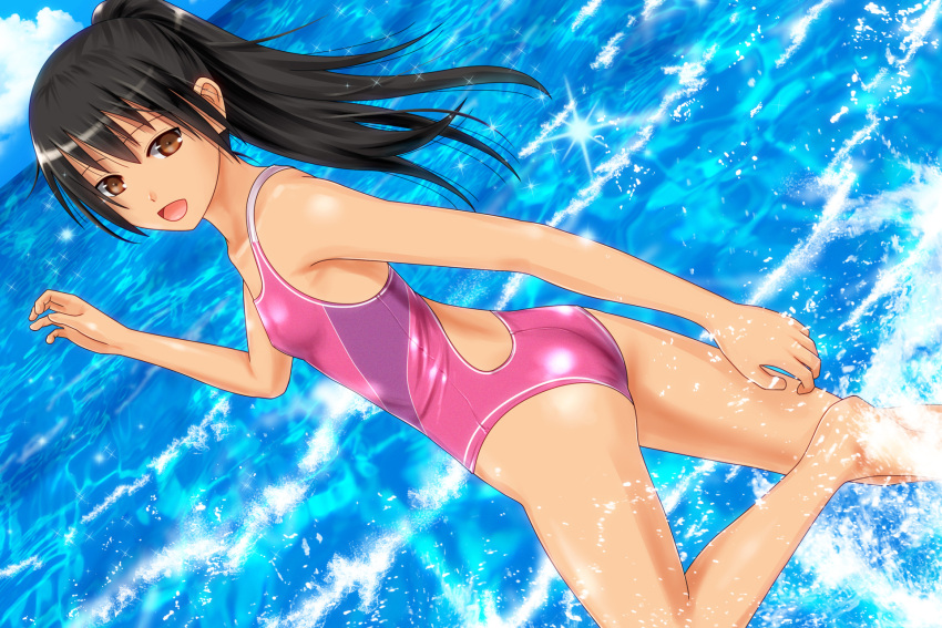 1girl ano_hito ass black_hair blue_sky breasts brown_eyes cloud commentary_request dutch_angle flat_ass highres horizon ocean one-piece_swimsuit open_mouth original pink_one-piece_swimsuit ponytail sky small_breasts smile solo splashing swimsuit twisted_torso