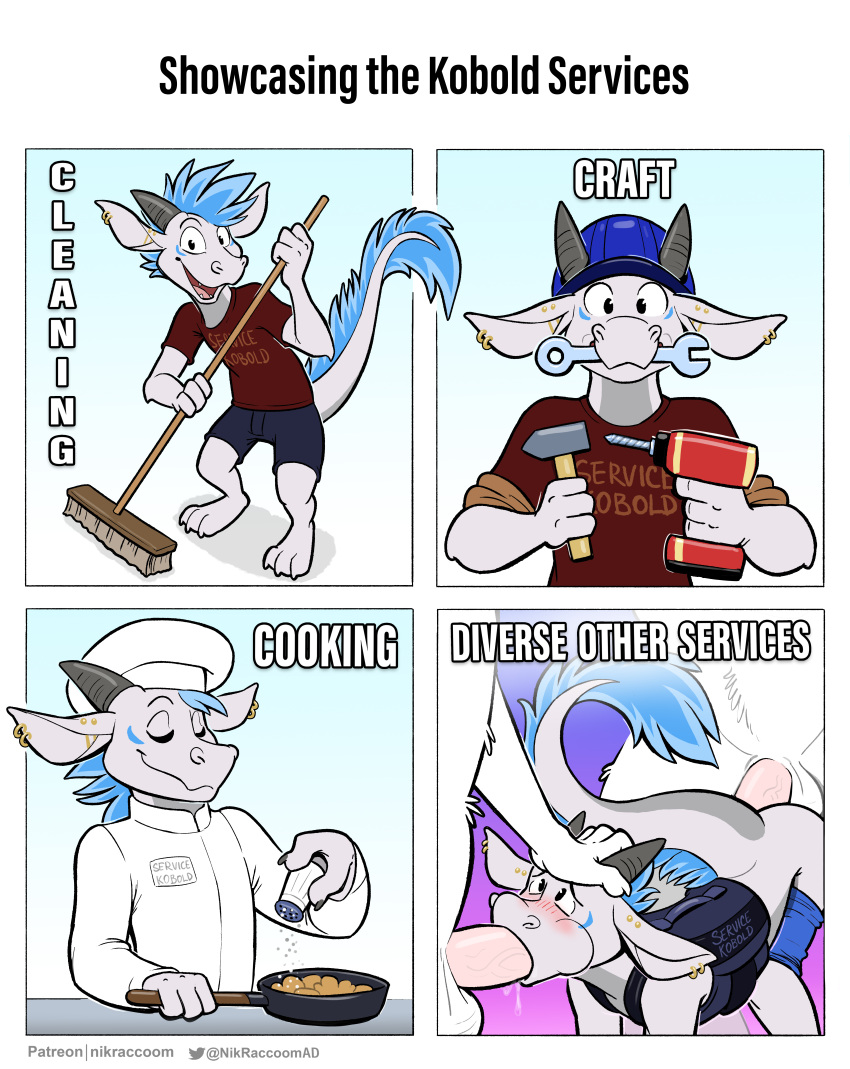 absurd_res aether_fang anal anthro bottomwear clothed clothing comic cooking fellatio gangbang group group_sex hand_on_head harness hi_res kobold male male/male nikraccoom oral partially_clothed penile piercing service sex shorts shorts_down size_difference spitroast tools trio uniform unknown_species