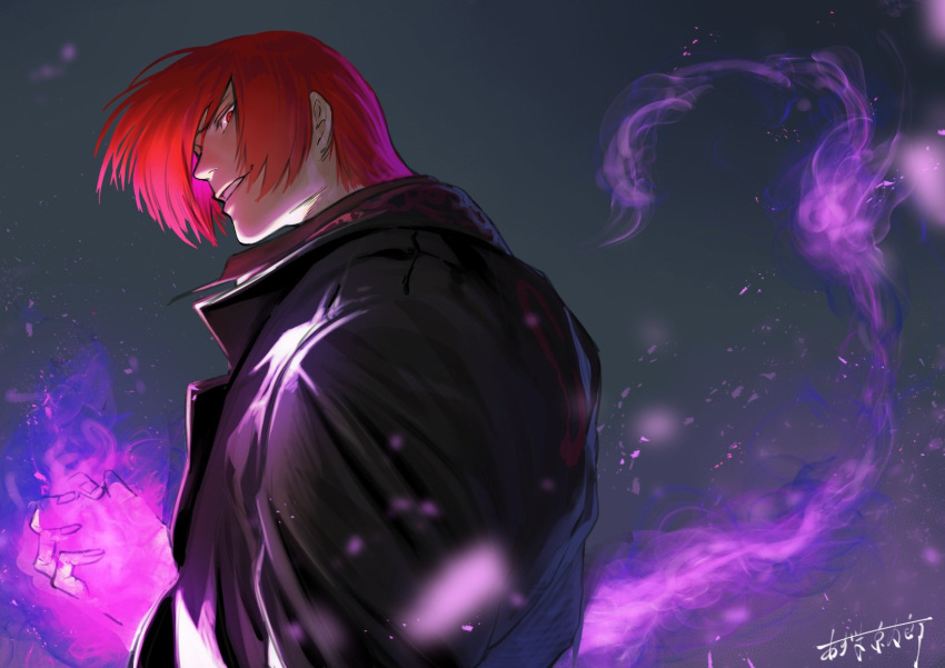 1boy azuma_kyoutarou_(artist) black_background black_jacket commentary fire highres jacket looking_at_viewer male_focus parted_lips purple_fire pyrokinesis red_eyes red_hair short_hair signature solo the_king_of_fighters the_king_of_fighters_xv upper_body yagami_iori