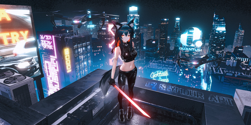 1girl absurdres animal_ear_fluff animal_ears arknights bare_arms bare_shoulders black_footwear black_hair black_pants black_shirt breasts city commentary_request crop_top drone full_body hair_between_eyes highres jacket large_breasts leggings long_hair long_sleeves looking_at_viewer midriff navel night night_sky open_clothes open_jacket orange_eyes outdoors pants seymour shirt shoes sky sleeveless sleeveless_shirt solo standing stomach tail texas_(arknights) wolf_ears wolf_tail