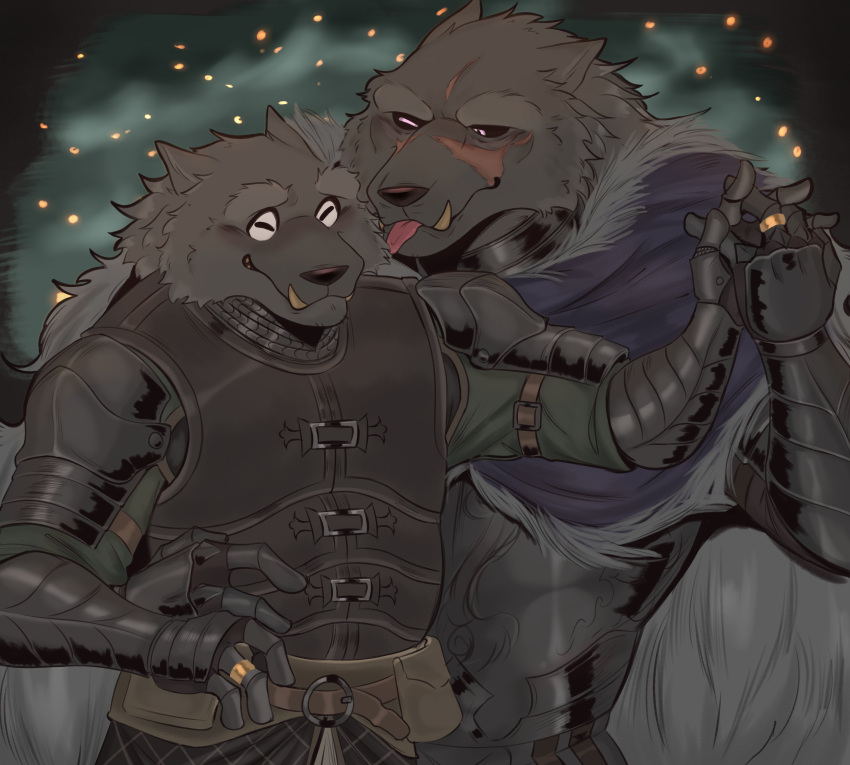 absurd_res anthro armor black_sclera blaidd_(elden_ring) canid canine canis clothing digit_ring duo elden_ring fangs fromsoftware fur_cape hi_res jewelry licking male male/male mammal purple_eyes quetza ring scar teeth tongue tongue_out topwear vest wedding_ring wolf