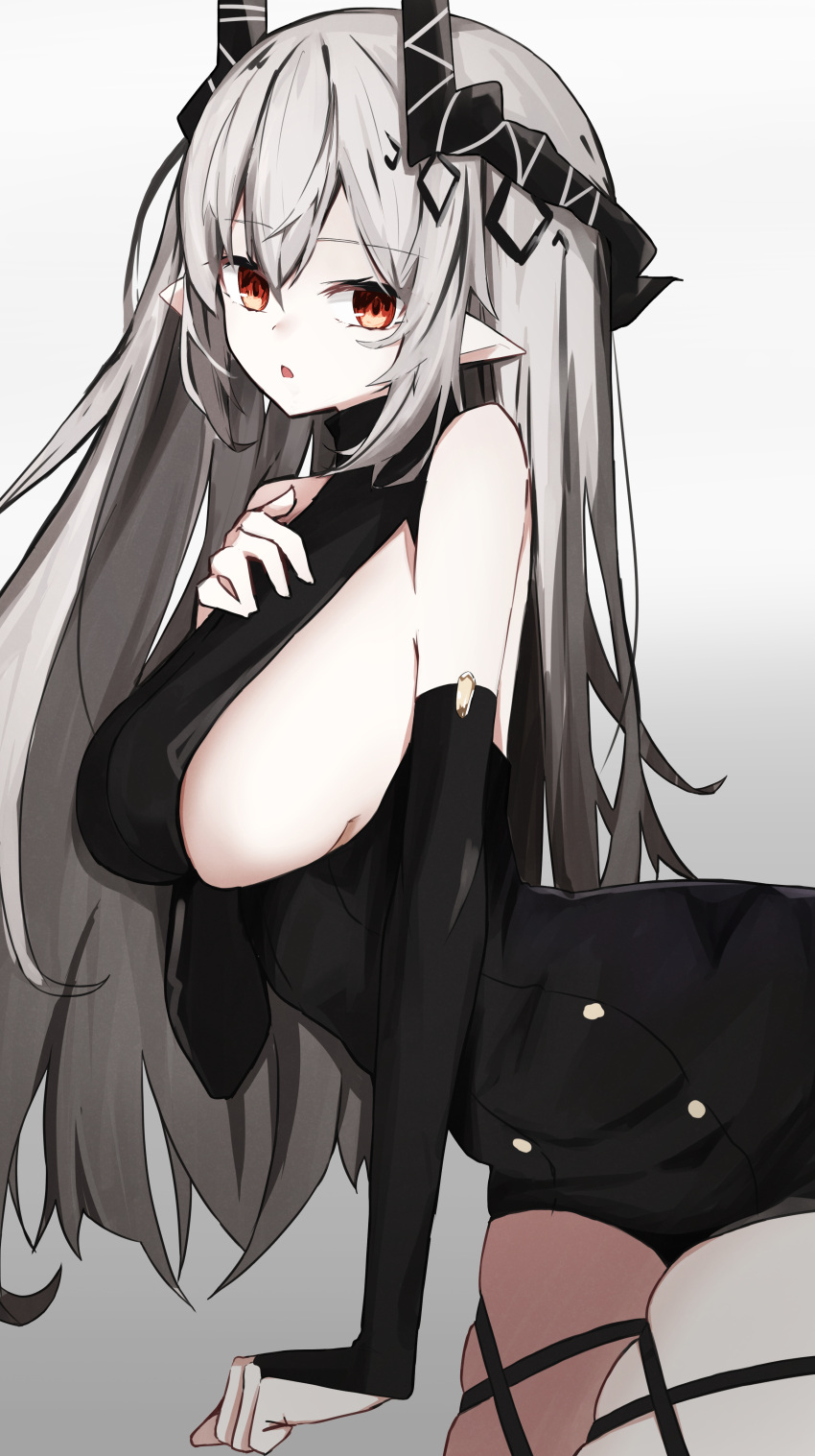 1girl :o absurdres alternate_costume arknights bangs bare_shoulders black_dress breasts bridal_gauntlets dress gradient_background grey_background grey_hair hair_between_eyes hand_on_own_chest highres horns large_breasts leaning_forward long_hair looking_at_viewer mudrock_(arknights) open_mouth pointy_ears red_eyes sideboob skindentation solo thigh_strap touko_(toko12_tooko) very_long_hair
