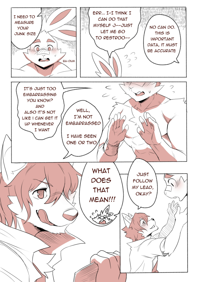 2019 anthro canid canine clothed clothing comic crimsonrabbit duo fox generation_8_pokemon growth_drive hi_res male mammal muscular muscular_male nintendo physical_exam pokemon pokemon_(species) scorbunny sirius size_difference speech_bubble topless towel