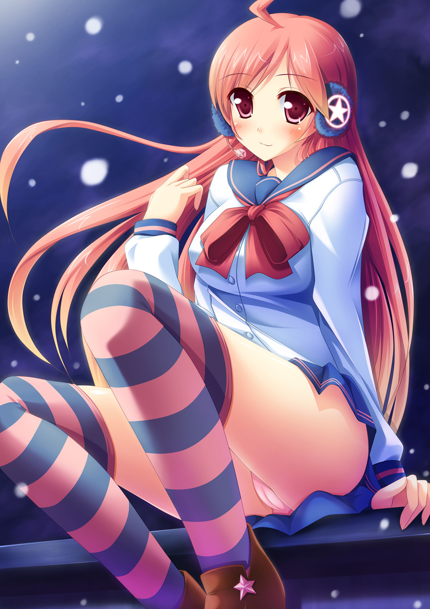 ahoge bow cameltoe earmuffs headset highres legs long_hair massan multicolored multicolored_clothes multicolored_legwear panties pink_panties school_uniform sf-a2_miki skirt solo star striped striped_legwear thighhighs underwear upskirt vocaloid