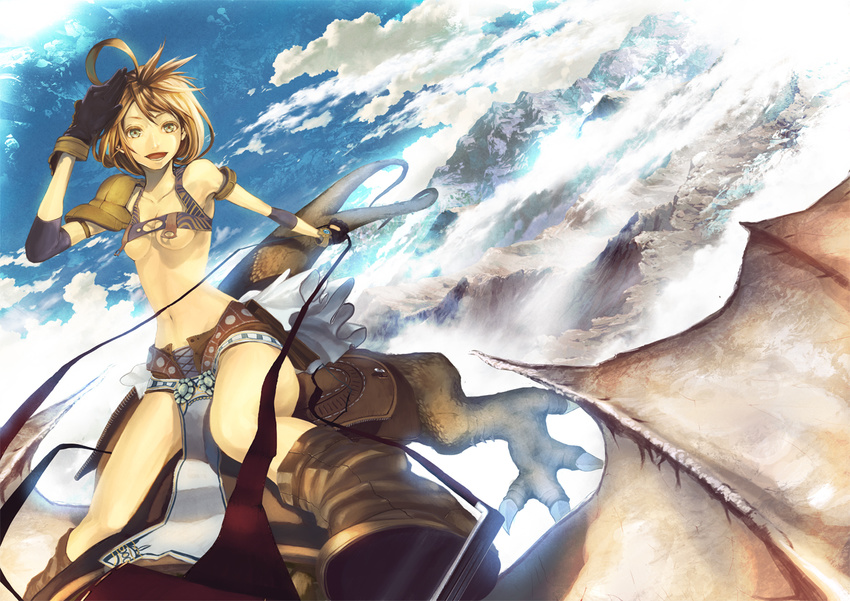 bad_id bad_pixiv_id breasts brown_hair cloud cloudy_sky dragon flying gloves katou_taira medium_breasts mountain original riding sky solo underboob