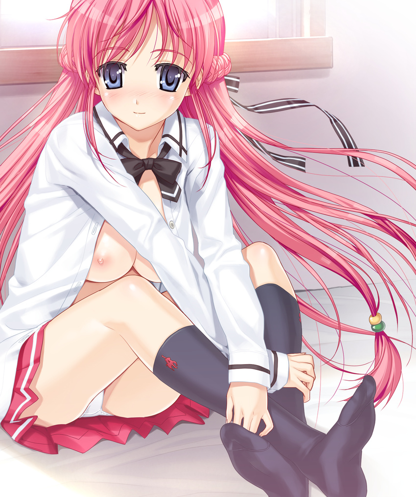 blue_eyes blush breasts feet half_updo happoubi_jin highres kanojo_x_kanojo_x_kanojo kneehighs long_hair medium_breasts nipples no_bra open_clothes open_shirt orifushi_akina panties pantyshot pantyshot_(sitting) pink_hair ribbon school_uniform shirt sitting smile socks solo underwear upskirt very_long_hair white_panties