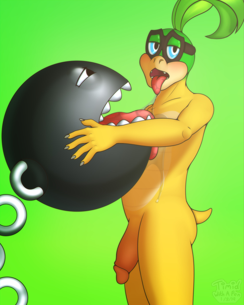 2019 5_fingers anthro anthrofied blush chain_chomp claws eyewear glasses hair holding_(disambiguation) humanoid_penis iggy_koopa koopa koopaling looking_at_viewer male mario_bros nintendo nude open_mouth penis reptile saliva scalie simple_background solo teeth timidwithapen tongue tongue_out video_games