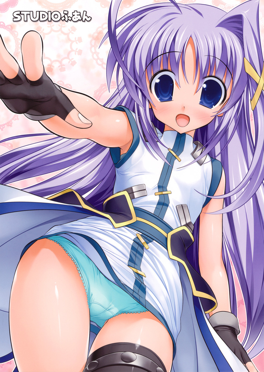 blue_eyes blue_hair blush fingerless_gloves gloves highres long_hair lyrical_nanoha mahou_shoujo_lyrical_nanoha_strikers panties raidon reinforce_zwei skirt solo underwear upskirt very_long_hair