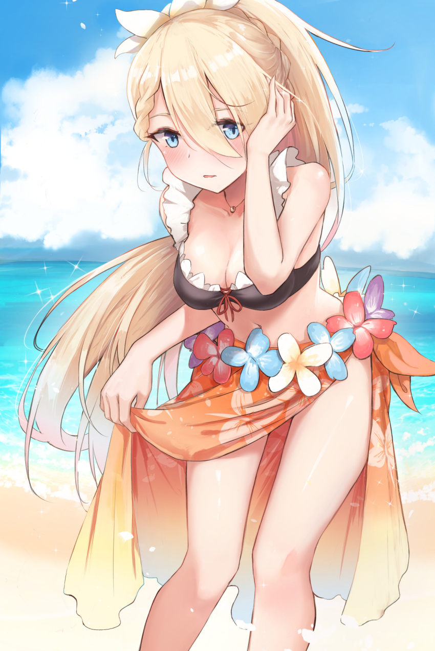 1girl bangs beach bent_over bikini black_bikini blonde_hair blue_eyes blue_sky blush braid breasts cleavage cloud collarbone flower frilled_bikini frills g36_(50_days_with_g36)_(girls'_frontline) g36_(girls'_frontline) girls'_frontline hair_flower hair_ornament hand_up highres holding_sarong jewelry kashiyarrm long_hair looking_at_viewer medium_breasts navel necklace ocean official_alternate_costume outdoors parted_lips ponytail sand sarong sky solo swimsuit very_long_hair
