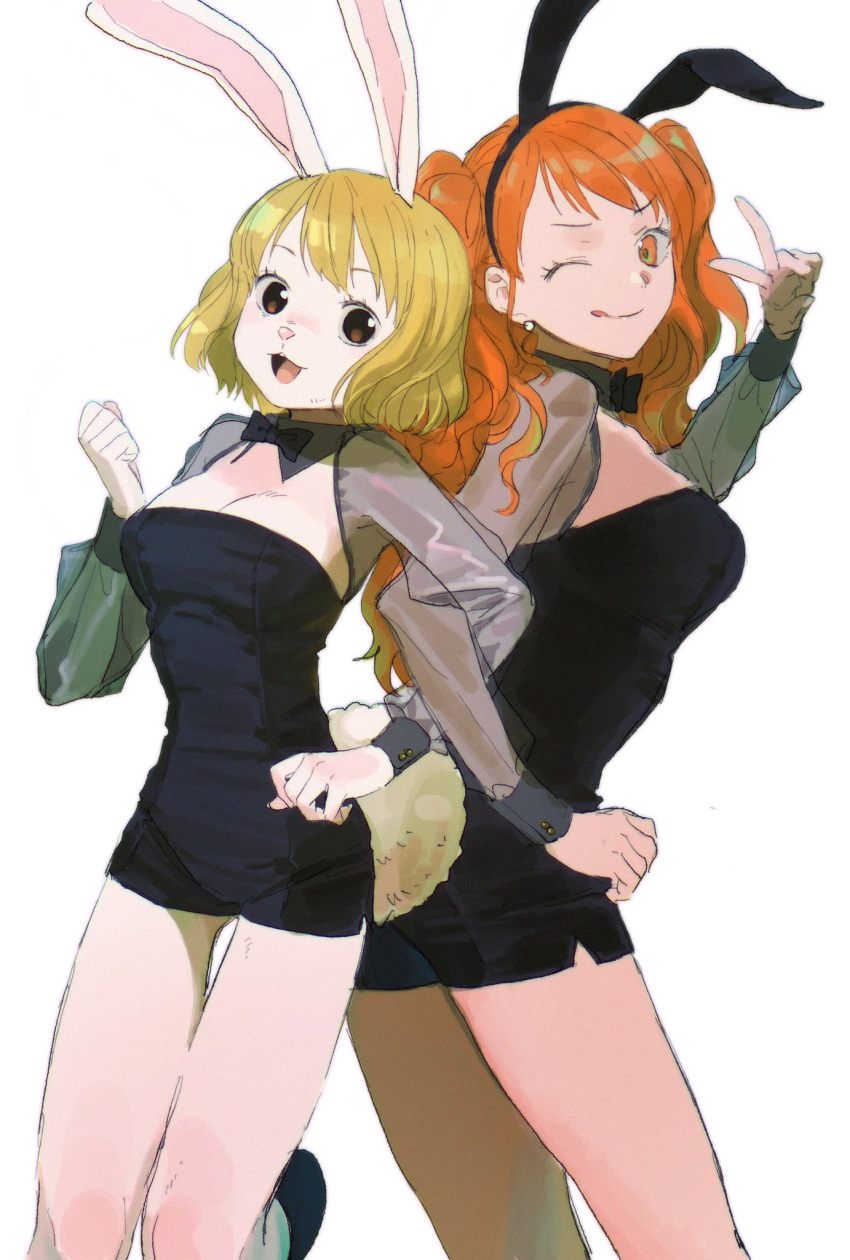 2girls animal_ears bangs black_bow black_bowtie black_dress black_hairband blonde_hair bow bowtie breasts brown_eyes carrot_(one_piece) commentary cowboy_shot dress earrings hairband hand_up highres jewelry locked_arms long_hair long_sleeves looking_at_viewer medium_breasts multiple_girls nami_(one_piece) one_eye_closed one_piece open_mouth orange_eyes orange_hair pearl_earrings rabbit_ears rabbit_girl rabbit_tail see-through see-through_sleeves short_dress short_hair simple_background symbol-only_commentary tail tongue tongue_out twintails urasanmyaku v white_background