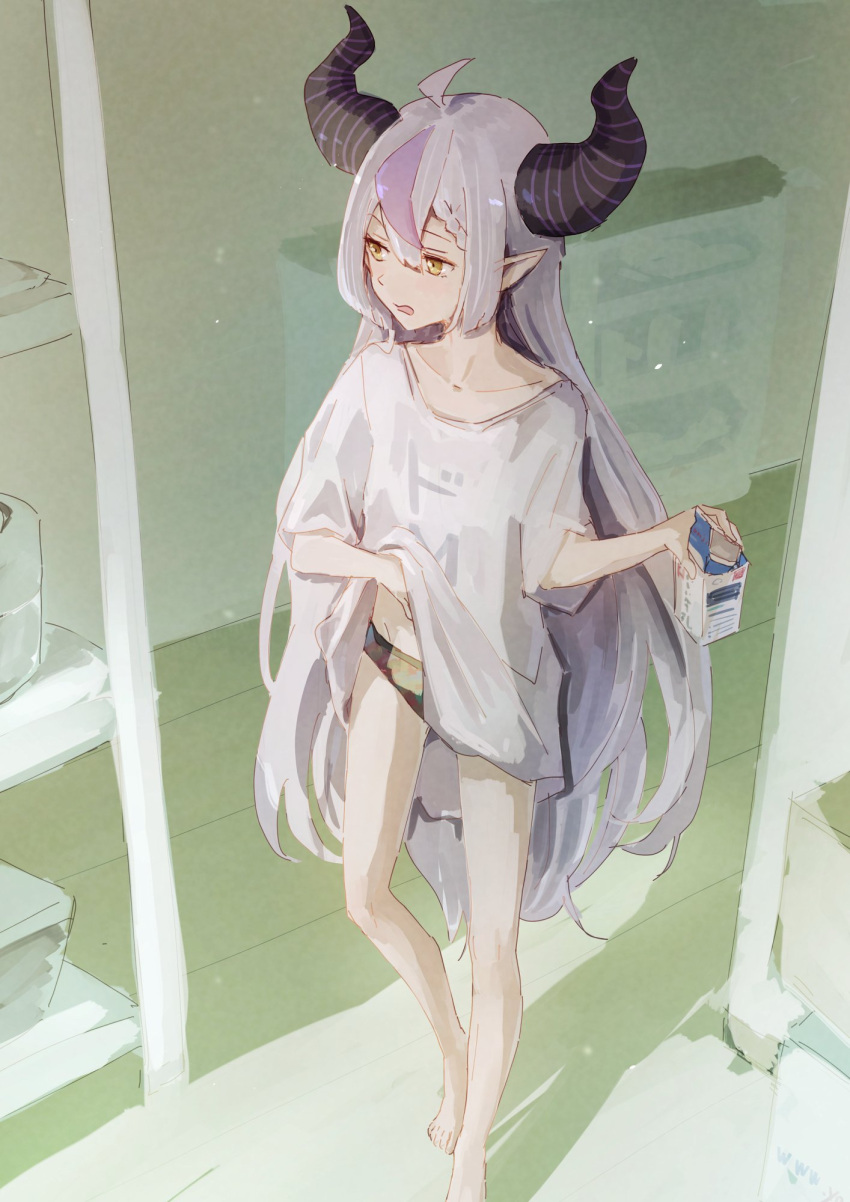 1girl ahoge bare_legs barefoot black_panties braid braided_bangs clothes_lift collarbone commentary_request demon_horns grey_hair hair_between_eyes highres holding hololive horns indoors la+_darknesss legs lifted_by_self long_hair looking_to_the_side milk_carton multicolored_hair open_mouth oversized_clothes oversized_shirt panties pointy_ears purple_hair scratching_stomach shadow shirt shirt_lift short_sleeves sidelocks sketch solo standing streaked_hair thighs toes underwear very_long_hair virtual_youtuber wooden_floor yami_ara yellow_eyes