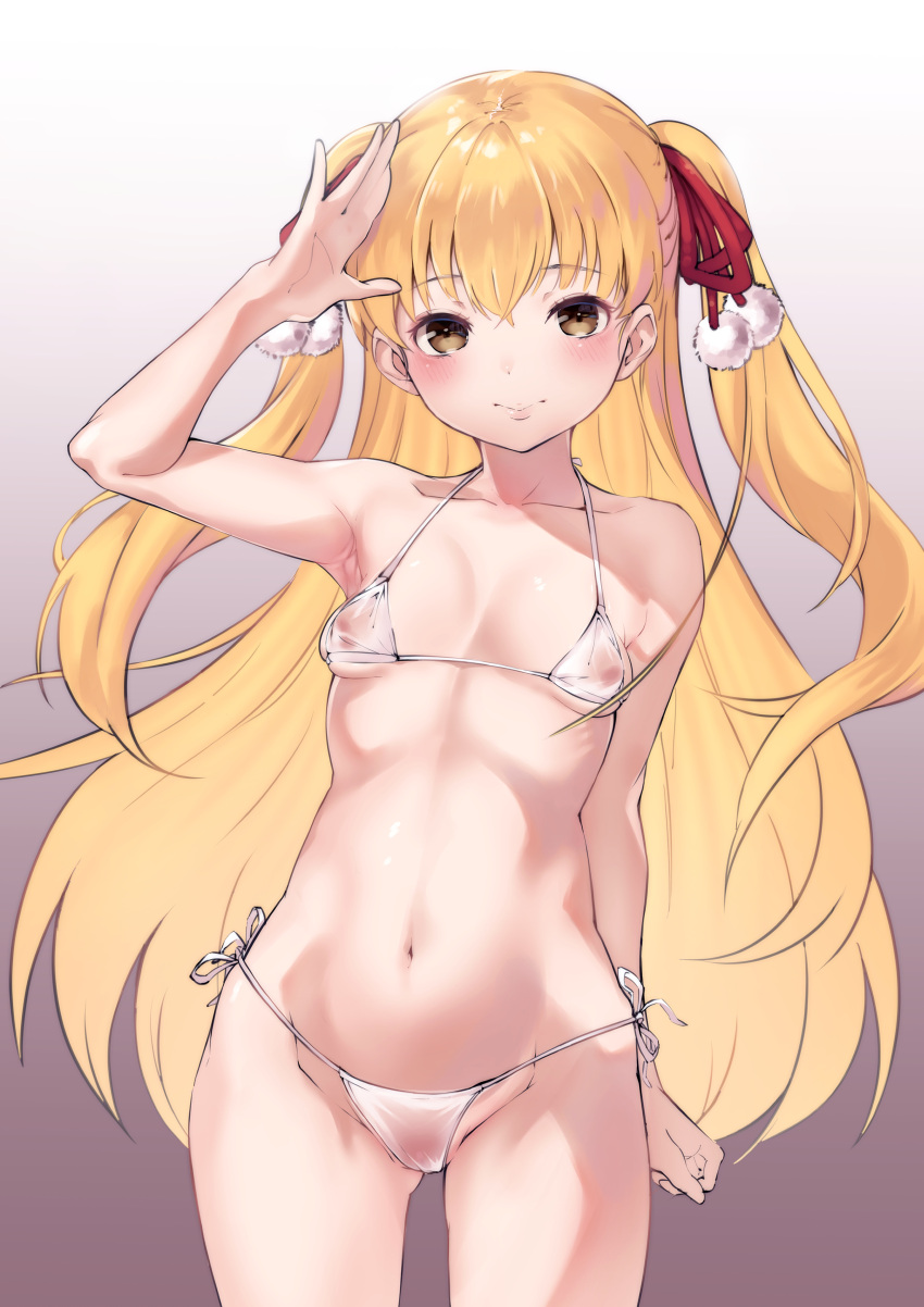 1girl absurdres bikini blonde_hair blush breasts brown_eyes covered_nipples gradient_background hair_ribbon highres kiyama_hito long_hair looking_at_viewer navel papa_no_iu_koto_wo_kikinasai! red_ribbon ribbon salute side-tie_bikini_bottom simple_background small_breasts smile solo standing swimsuit takanashi_miu twintails very_long_hair white_bikini