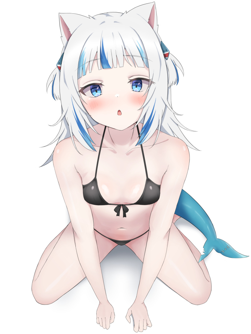 1girl :o animal_ears bangs bare_arms bare_legs bikini black_bikini blue_eyes blue_hair blunt_bangs breasts cat_ears collarbone eyelashes fish_tail front-tie_bikini_top front-tie_top full_body gawr_gura hair_ornament highres hololive hololive_english hukigen_dadada kneeling leaning_forward legs_apart looking_at_viewer multicolored_hair navel open_mouth pale_skin raised_eyebrows shark_girl shark_hair_ornament shark_tail small_breasts solo streaked_hair string_bikini swimsuit tail two_side_up virtual_youtuber white_background white_hair