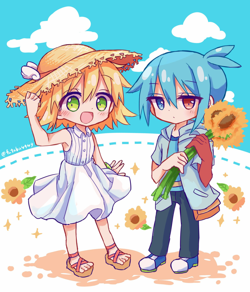 1boy 1girl absurdres amitie_(puyopuyo) bangs blonde_hair blue_eyes blue_hair blue_sky blush chibi dress flower futaba969649 green_eyes hat heterochromia highres holding holding_flower looking_at_viewer puyopuyo red_eyes short_hair sig_(puyopuyo) sky straw_hat sunflower white_dress