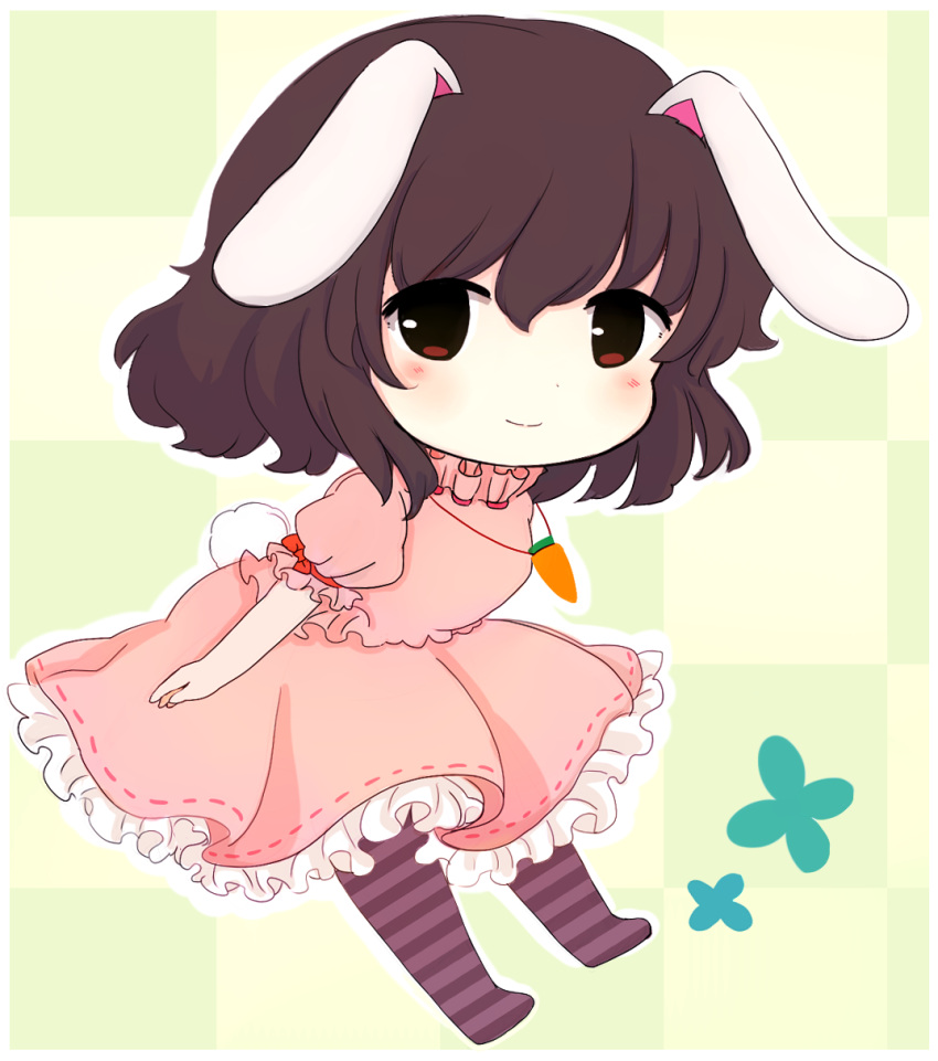 1girl animal_ears bangs black_eyes blush bow brown_hair brown_pantyhose carrot_necklace chibi closed_mouth commentary_request dress frills full_body hair_between_eyes highres inaba_tewi jewelry looking_away necklace no_shoes pantyhose pink_dress puffy_short_sleeves puffy_sleeves purple_pantyhose rabbit_ears rabbit_tail red_bow rei_(tonbo0430) short_hair short_sleeves smile solo standing striped striped_pantyhose tail touhou