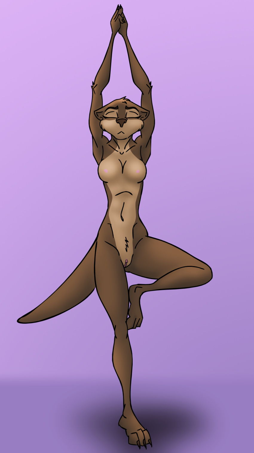 anthro body_hair breasts brown_body brown_fur casual_nudity countershading dizzyvixen eyes_closed feet female fur genitals happy_trail hi_res juniper_(dizzyvixen) mammal mustelid nipples nude on_one_leg otter paws pubes pussy simple_background slim small_breasts solo standing yoga