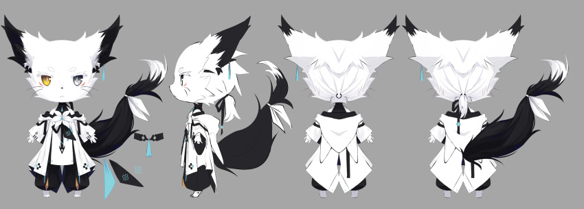 1boy absurdres closed_mouth fox fox_boy full_body furry furry_male grey_eyes heterochromia highres looking_at_viewer multiple_views nagishiro_mito original reference_sheet simple_background solo standing white_background white_fur yellow_eyes