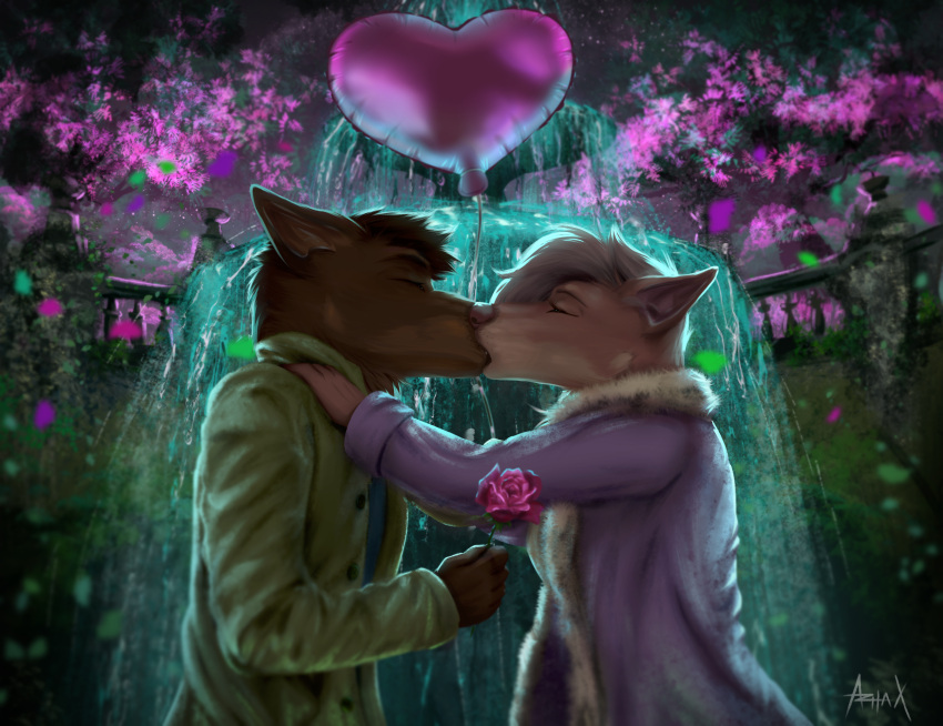 azhax balloon canid canine canis dobermann domestic_dog flower fountain hi_res inflatable kissing mammal nature night park pinscher plant romantic romantic_couple rose_(flower)