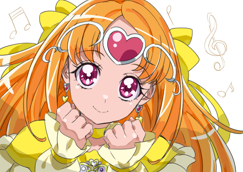 1girl absurdres bangs choker clenched_hands cure_muse_(yellow) earrings heart heart_earrings highres jewelry long_hair long_sleeves looking_at_viewer magical_girl orange_hair parted_bangs pink_eyes precure shirabe_ako smile solo suite_precure tsukikage_oyama yellow_choker