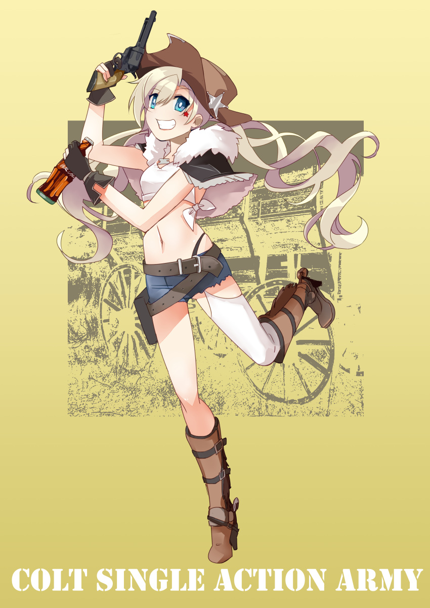 1girl absurdres arm_up belt blonde_hair blue_eyes boots bottle breasts brown_footwear brown_headwear character_name coca-cola colt_revolver_(girls'_frontline) colt_single_action_army commentary cowboy_hat crop_top denim denim_shorts facial_mark finger_on_trigger fingerless_gloves full_body girls'_frontline gloves gun hair_between_eyes hand_up handgun hat highres holding holding_bottle holding_weapon holster knee_boots long_hair looking_at_viewer navel open_mouth revolver short_hair shorts small_breasts smile soda solo star_(symbol) thighhighs twintails weapon yumenotsuzuki