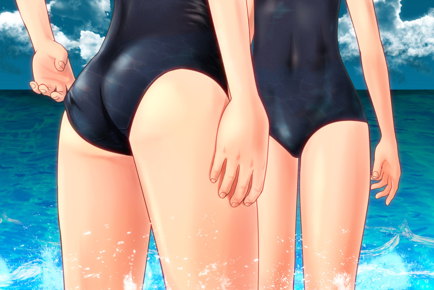 2girls ano_hito ass black_one-piece_swimsuit cloud commentary_request covered_navel flat_ass horizon lower_body multiple_girls ocean one-piece_swimsuit original swimsuit swimsuit_tug wading