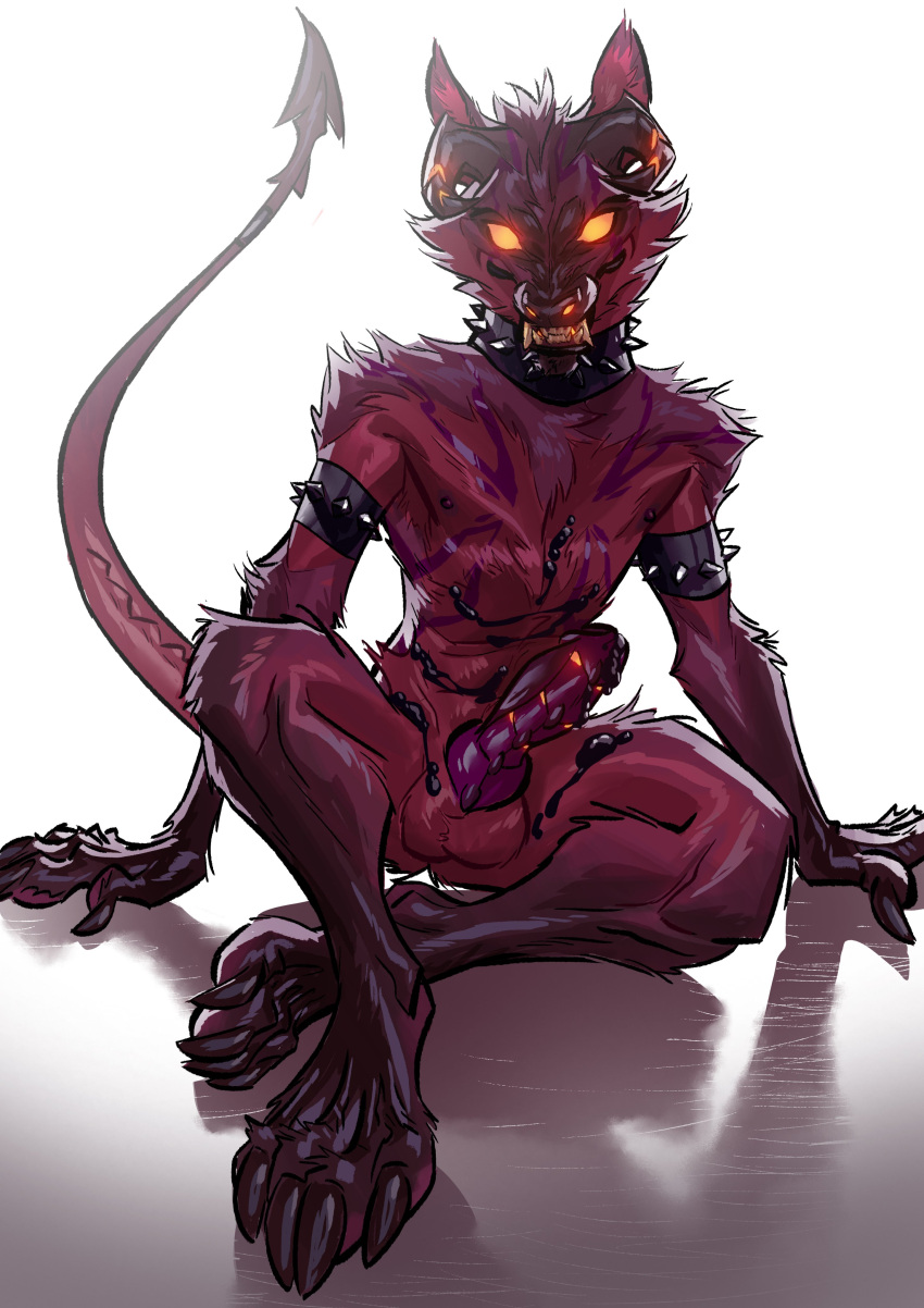 2021 absurd_res animal_genitalia animal_penis anthro armband black_cum bodily_fluids canid canid_demon canine_genitalia canine_penis claws collar colored_cum cum demon genital_fluids genitals glowing glowing_eyes hellhound hi_res horn knot looking_at_viewer male mammal max_(maxspite) maxspite nude penis shadow simple_background sitting solo spade_tail spiked_armband spiked_collar spikes teeth toe_claws unusual_bodily_fluids unusual_cum unusual_genital_fluids