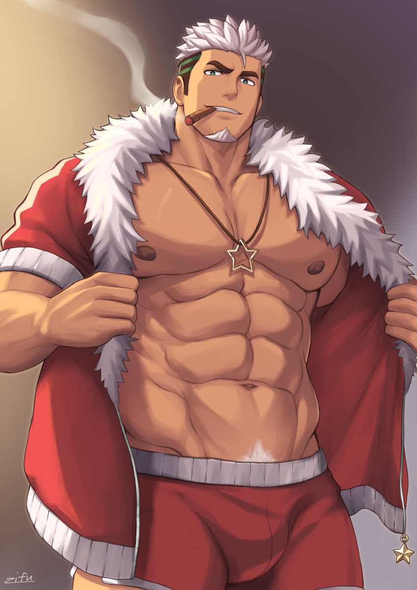 1boy abs absurdres bara bare_pectorals beckoning black_hair boxers bulge christmas cigar come_hither dark-skinned_male dark_skin facial_hair fur-trimmed_jacket fur_trim goatee green_hair highres jacket jewelry large_pectorals long_sideburns looking_at_viewer male_focus male_underwear mature_male multicolored_hair muscular muscular_male navel necklace nipples no_pants open_clothes open_jacket original paid_reward_available pectorals pubic_hair pubic_hair_peek red_male_underwear santa_(zifu) seductive_smile short_hair sideburns smile smoke smoking solo star_(symbol) star_necklace stomach streaked_hair thick_thighs thighs two-tone_hair underwear undressing white_hair zifu