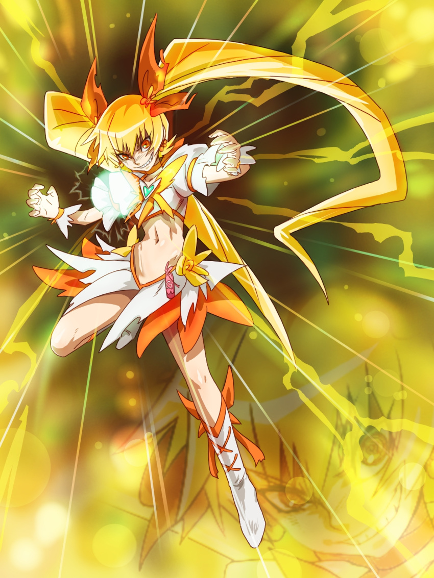 1girl blonde_hair boots breasts cure_sunshine earrings energy_ball evil_grin evil_smile full_body fushisha_o getter_robo getter_robo_(1st_series) grin groin heartcatch_precure! highres jewelry knee_boots long_hair midriff myoudouin_itsuki name_connection navel orange_eyes parody precure small_breasts smile solo stoner_sunshine twintails very_long_hair zoom_layer