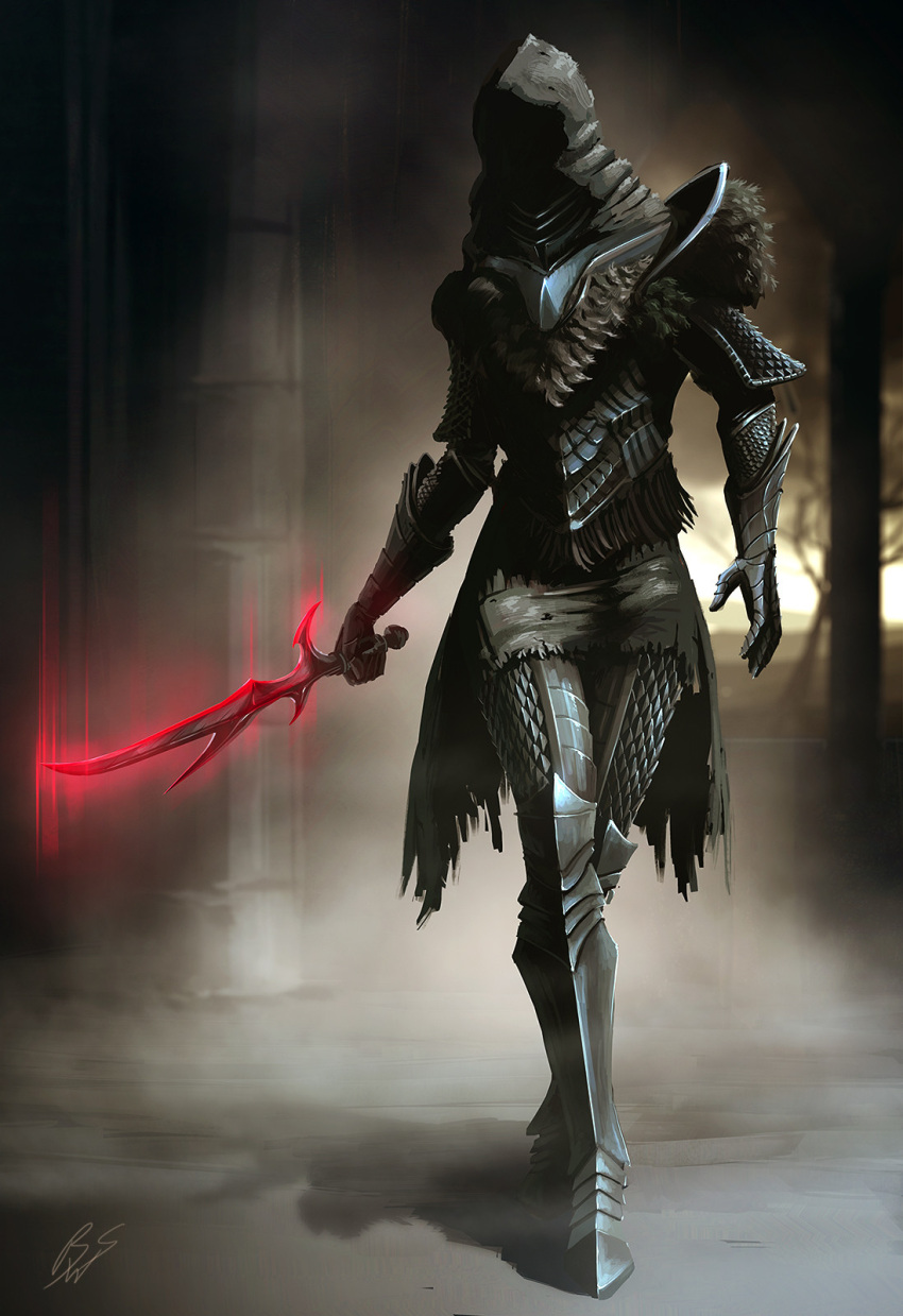 1girl armor assassin aura black_armor black_knife_(elden_ring) black_knife_tiche breastplate cloak commentary covered_face dark_aura elden_ring english_commentary fortnum highres holding holding_knife hood hood_up knife pauldrons red_aura shoulder_armor solo tall_female