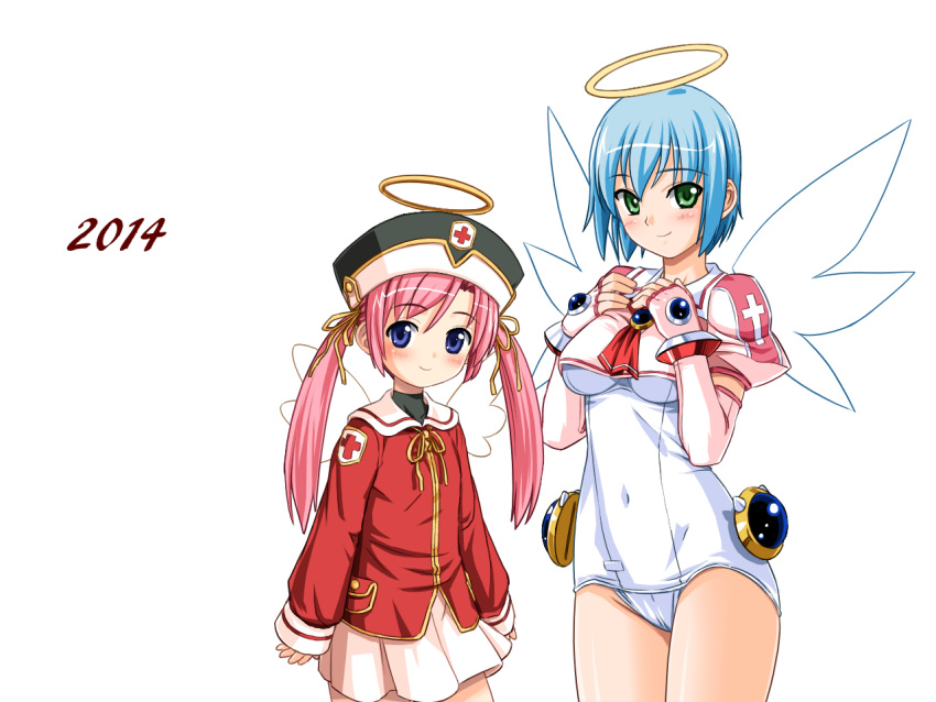 2013 2girls alpha_transparency angel_wings blue_eyes blue_hair breasts commentary_request covered_navel djibril_(makai_tenshi_djibril) elbow_gloves fingerless_gloves fushisha_o gloves green_eyes halo hat impossible_clothes impossible_swimsuit jacket luvriel makai_tenshi_djibril manabe_rika medium_breasts miniskirt multiple_girls one-piece_swimsuit pink_hair puffy_short_sleeves puffy_sleeves red_jacket school_swimsuit short_hair short_sleeves skirt sleeves_past_wrists swimsuit transparent_background twintails white_one-piece_swimsuit wings