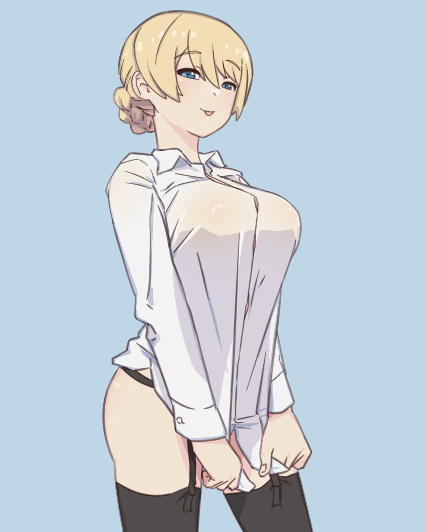 1girl :p absurdres alternate_legwear bangs black_panties black_thighhighs blonde_hair blue_background blue_eyes braid breasts closed_mouth clothes_pull collared_shirt commentary covered_nipples cowboy_shot darjeeling_(girls_und_panzer) dress_shirt french_braid garter_straps girls_und_panzer half-closed_eyes highres huaronanago large_breasts long_sleeves looking_at_viewer no_bra no_pants panties see-through shirt shirt_tug short_hair simple_background smile solo standing thighhighs thighs tongue tongue_out underwear white_shirt