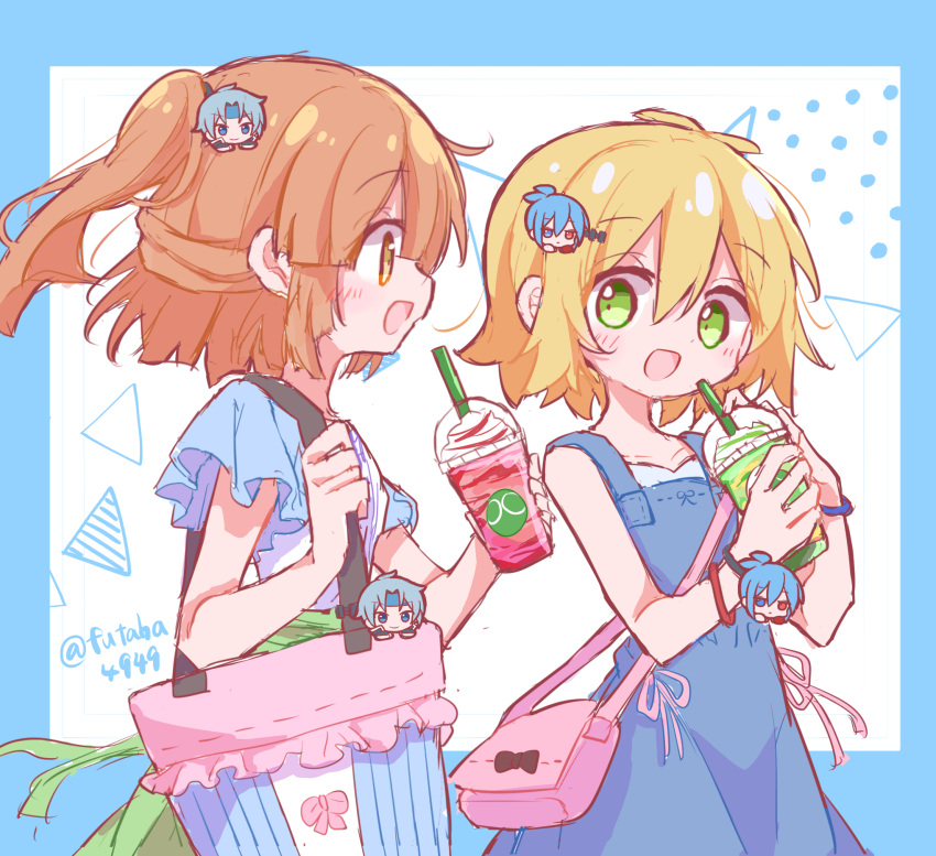 2boys 2girls amitie_(puyopuyo) arle_nadja bag bangs blonde_hair blush brown_hair drink futaba969649 green_eyes highres looking_at_another multiple_boys multiple_girls open_mouth ponytail puyo_(puyopuyo) puyopuyo schezo_wegey short_hair shoulder_bag sig_(puyopuyo) triangle yellow_eyes