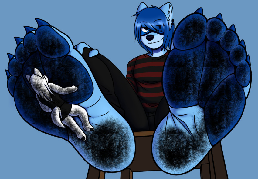 anthro azura_(aimpunch) barefoot chair claws dirty_feet duo emo_haircut feet female filth foot_fetish foot_focus foot_on_face furniture hair hair_over_eye hi_res hindpaw ifuritto larger_male looking_at_viewer male male/female on_chair one_eye_obstructed pawpads paws raised_foot sam_(ifuritto) simple_background sitting sitting_on_chair size_difference smaller_female smile smug soles squish stuck_to_foot toe_claws