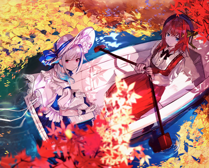 2girls absurdres afloat ange_katrina autumn_leaves beret black_headwear blue_dress blue_eyes blue_hair blush boat book bow capelet collared_shirt dress frilled_gloves frills gloves hair_flaps hair_intakes hat highres holding holding_paddle leaf lize_helesta long_hair looking_at_viewer looking_back maple_leaf medium_hair multicolored_hair multiple_girls nijisanji open_book paddle pinafore_dress pleated_shirt purple_eyes red_dress red_hair reflection ripples rowing ruopuyuan-ry shirt short_sleeves sitting smile streaked_hair virtual_youtuber water watercraft white_capelet white_gloves white_hair white_headwear white_shirt yellow_bow