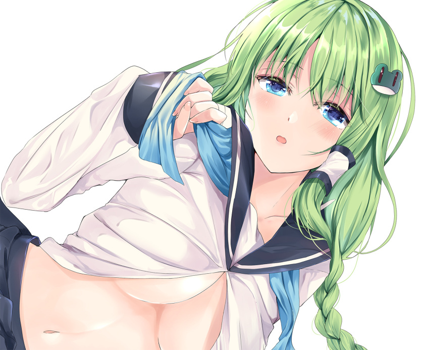 1girl alternate_costume bangs black_sailor_collar blue_eyes breasts cleavage commentary_request frog_hair_ornament fule green_hair hair_ornament hair_tubes highres kochiya_sanae large_breasts long_hair looking_at_viewer navel open_mouth sailor_collar school_uniform simple_background snake_hair_ornament solo touhou upper_body white_background