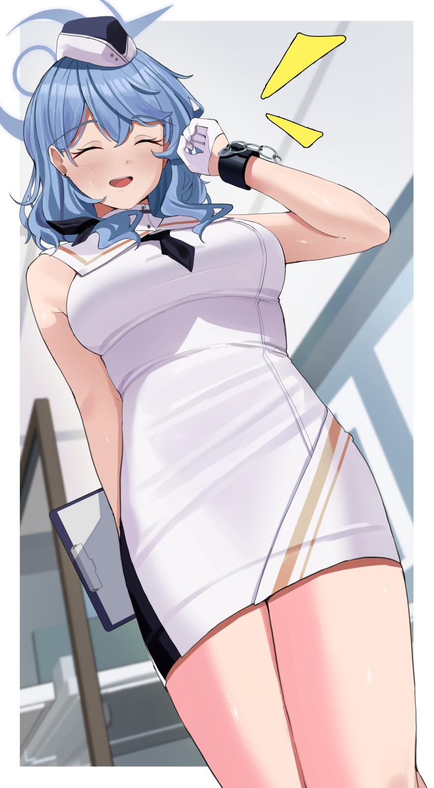 1girl absurdres ako_(blue_archive) black_necktie blue_archive blue_hair closed_eyes dress gloves haerge halo highres necktie thighs white_dress white_gloves white_headwear white_uniform