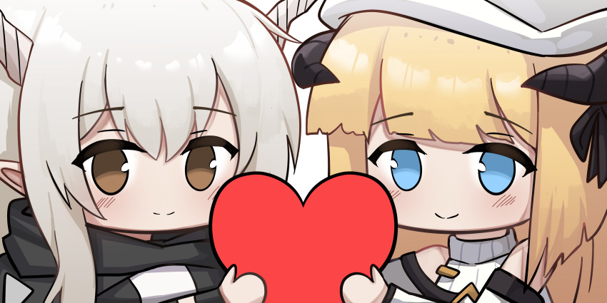 2girls absurdres arknights bangs bare_shoulders beret black_jacket blonde_hair blue_eyes blush brown_eyes chibi closed_mouth commentary english_commentary grey_hair hat heart highres holding holding_heart hood hood_down hooded_jacket horns irkawaza jacket looking_at_viewer multiple_girls nightingale_(arknights) portrait ribbed_sweater shining_(arknights) simple_background sleeveless sleeveless_turtleneck smile sweater turtleneck turtleneck_sweater white_background white_headwear white_sweater