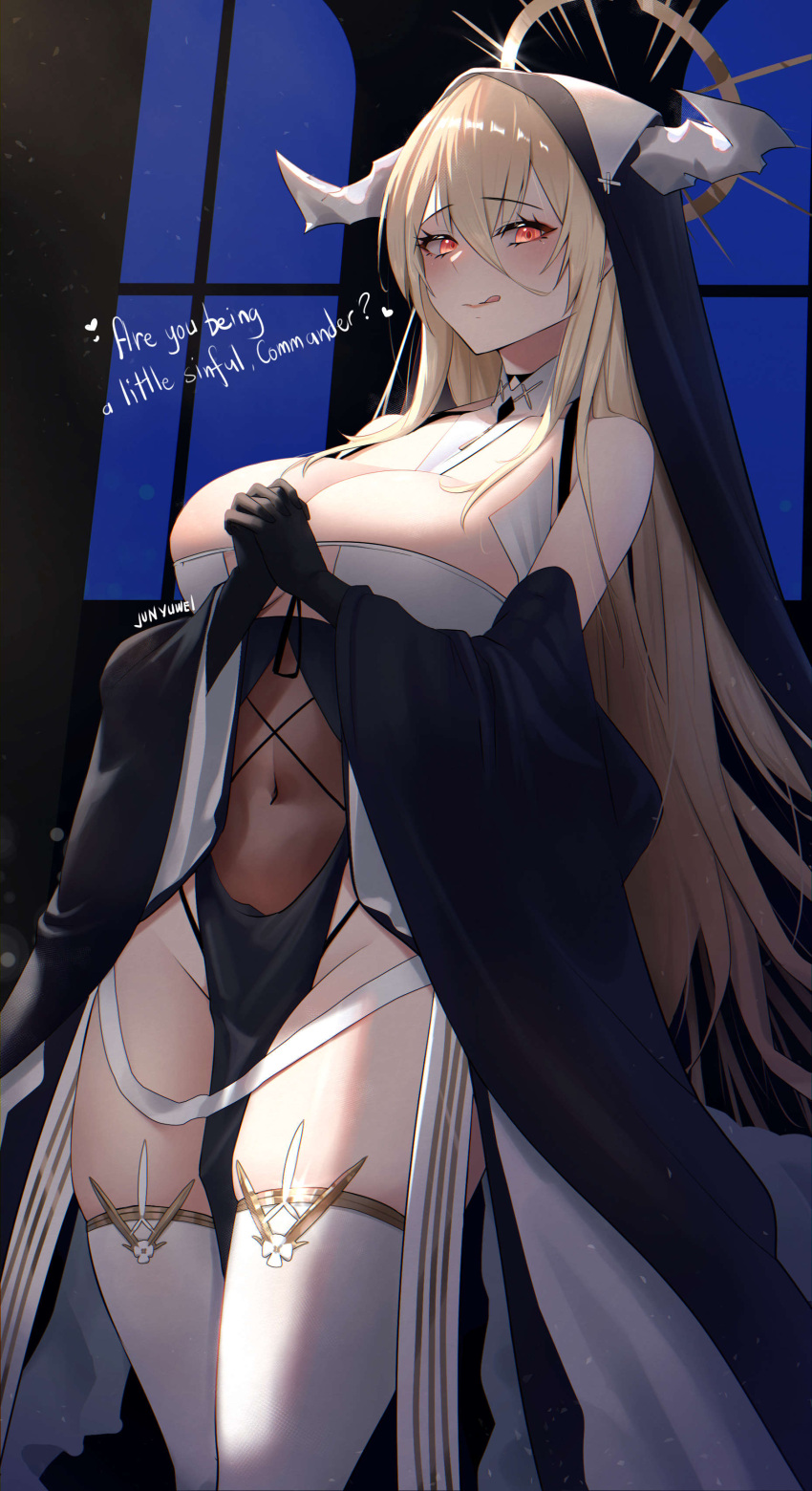 1girl :q absurdres azur_lane bangs bare_shoulders between_breasts black_dress black_gloves blonde_hair blush breasts cleavage closed_mouth clothing_cutout covered_navel cowboy_shot detached_collar detached_sleeves dress english_text fake_horns feet_out_of_frame gloves groin habit hair_between_eyes halo heart highres horns huge_breasts implacable_(azur_lane) indoors interlocked_fingers large_breasts licking_lips light_particles long_bangs long_hair long_sleeves looking_at_viewer navel night night_sky nun own_hands_clasped own_hands_together pelvic_curtain red_eyes relentless sidelocks skindentation sky smile solo standing thighhighs thighs tongue tongue_out veil very_long_hair white_thighhighs wide_sleeves window
