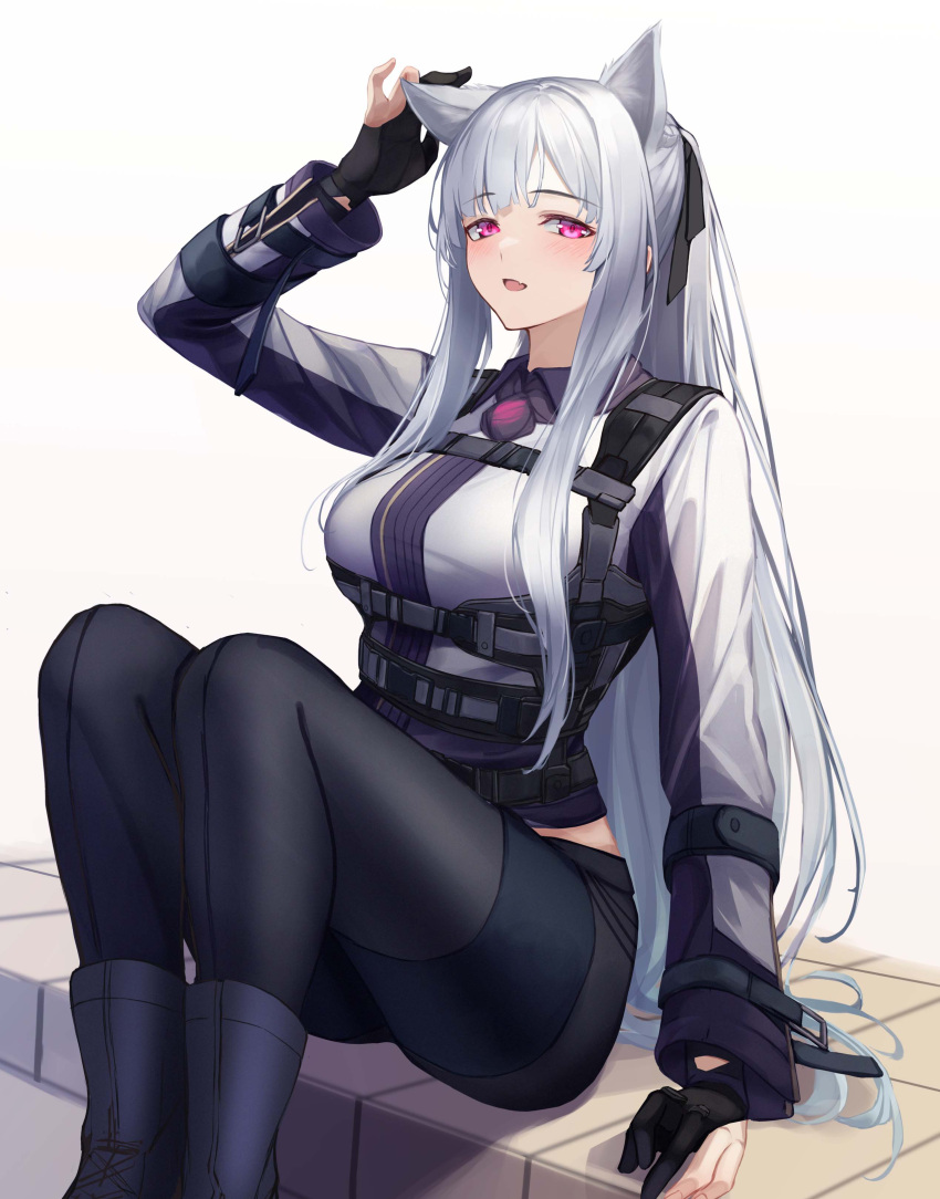 1girl 3_small_spiders absurdres ak-12_(girls'_frontline) animal_ear_fluff animal_ears arm_support artificial_eye black_pants braid collared_shirt french_braid girls'_frontline gloves grey_hair hair_ribbon hand_up highres long_hair mechanical_eye pants partially_fingerless_gloves ponytail purple_eyes ribbon shirt sitting tactical_clothes